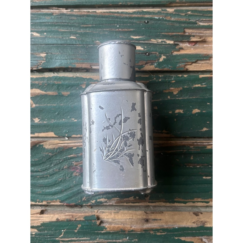 Vintage Japanese Pewter Tea Caddy Engraved Floral Square Canister Hallmark 4.5in